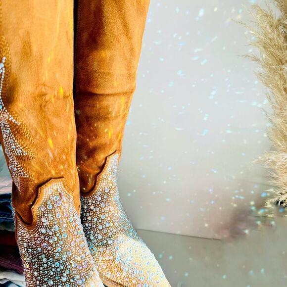 NEW Brown Faux Suede Sequin Glitter Discoball Cowgirl Cowboy Chunk Heel Boot 9.5 - Picture 7 of 13